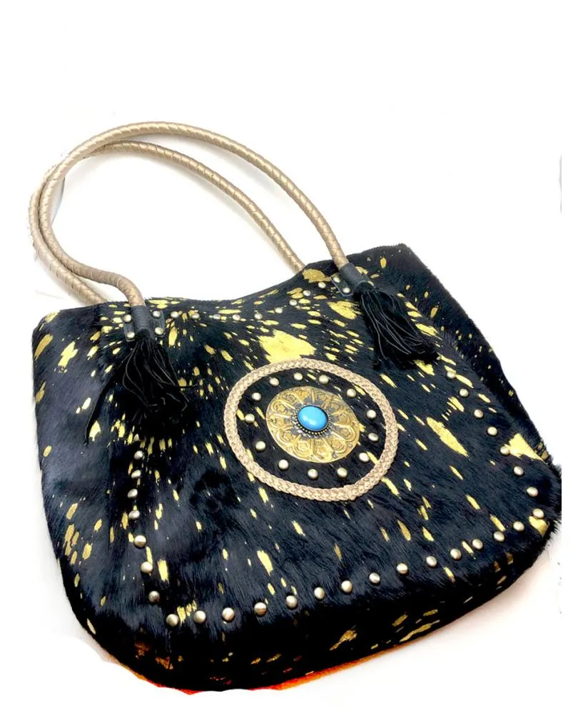 BOLSOS MUJER DE PIEL DE POTRO ESTILO ETNICO EN NEGRO Y DORADO