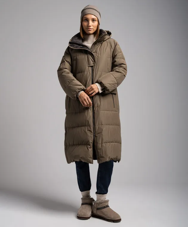 Brunello Cucinelli Brown down jacket with monil chain