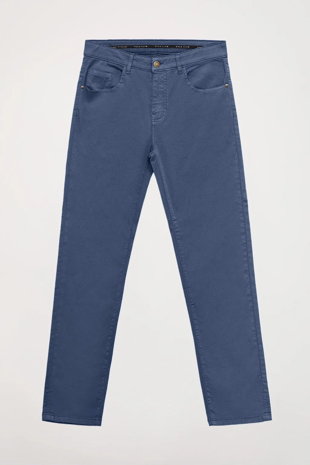 Pantalón azul denim de cinco bolsillos con logo bordado