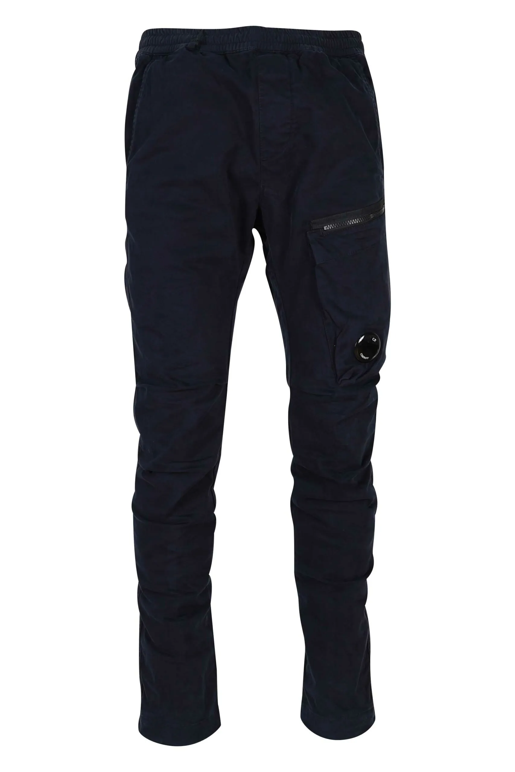 Pantalón azul oscuro de satén elástico con bolsillo lateral y logo lente