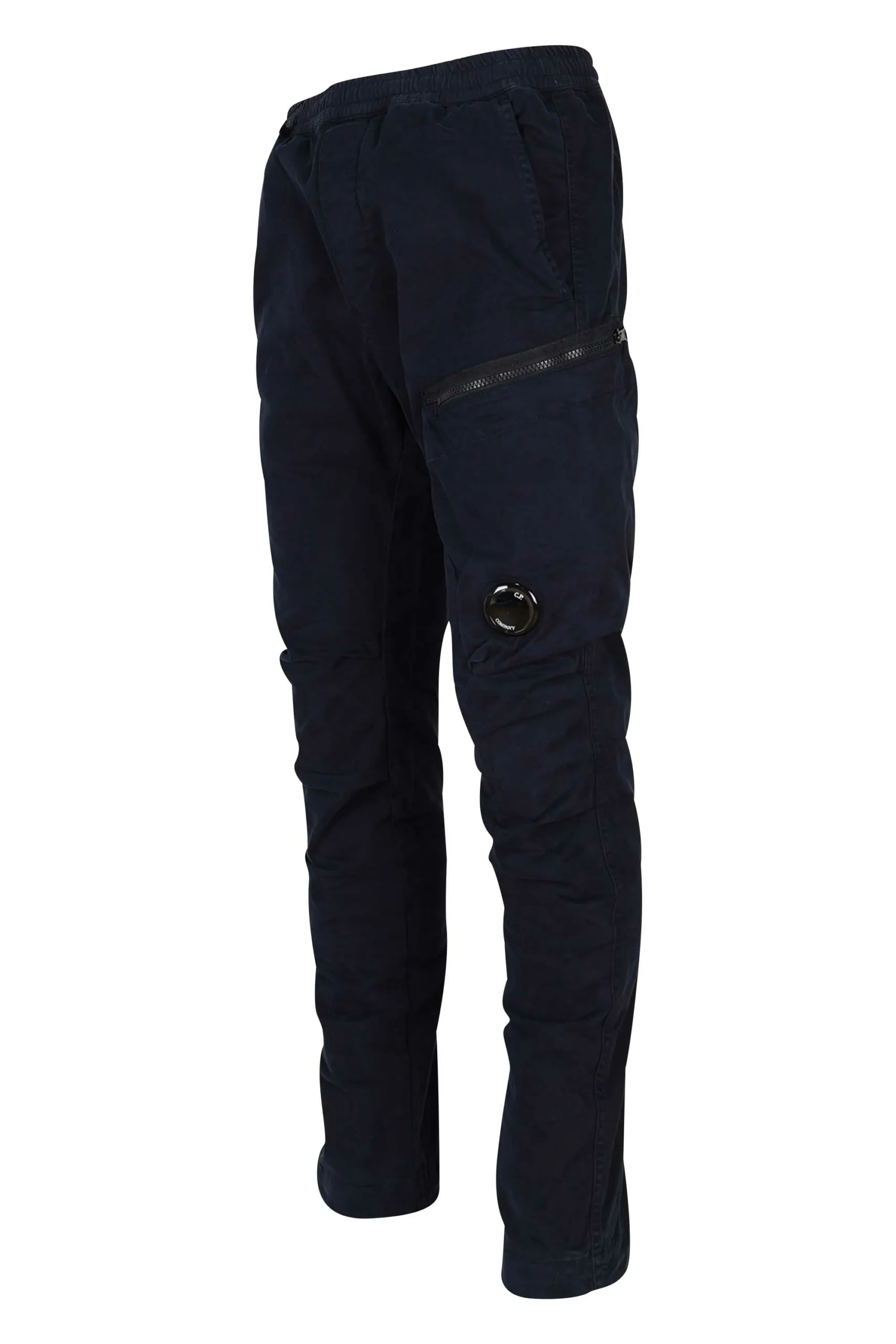 Pantalón azul oscuro de satén elástico con bolsillo lateral y logo lente