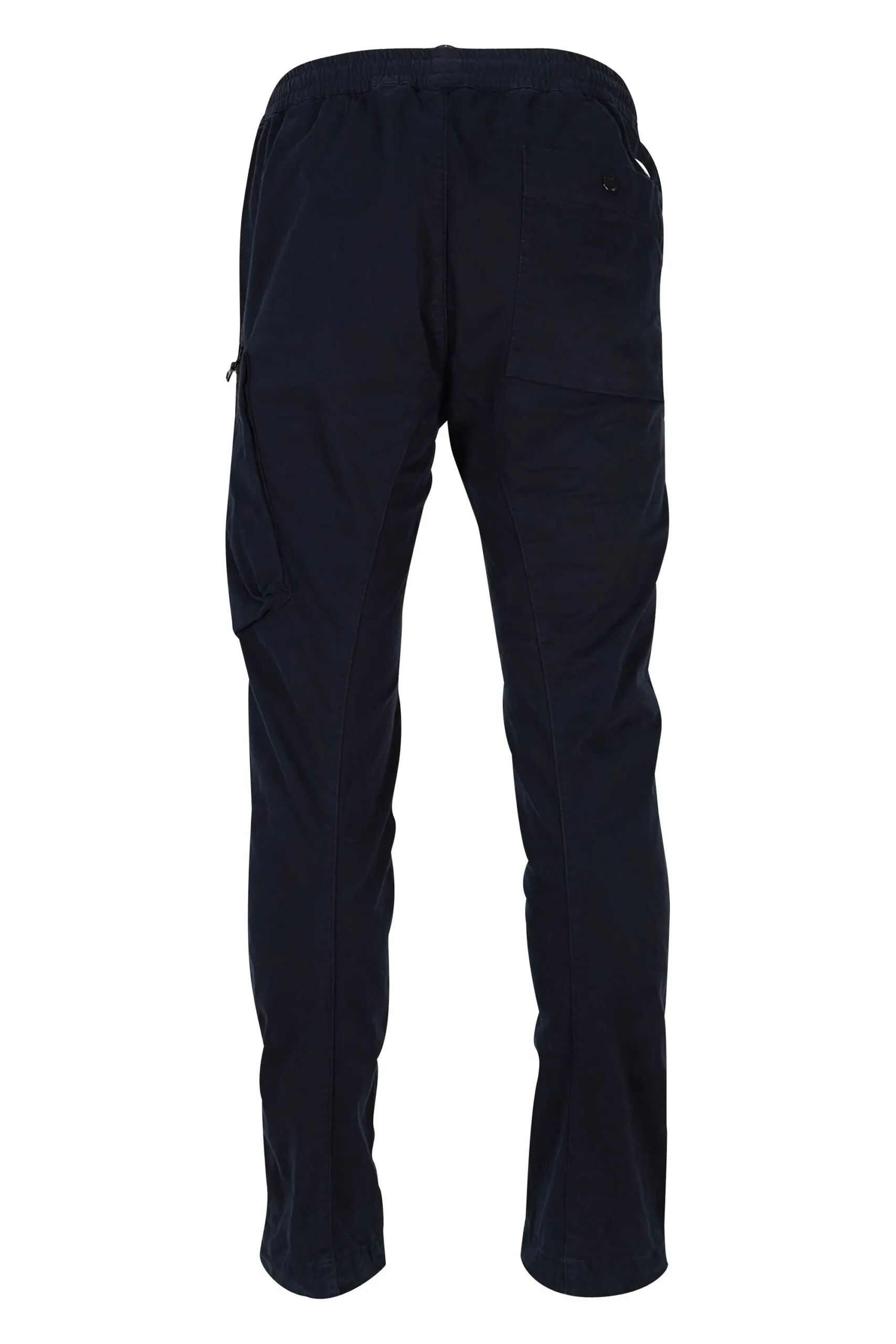 Pantalón azul oscuro de satén elástico con bolsillo lateral y logo lente