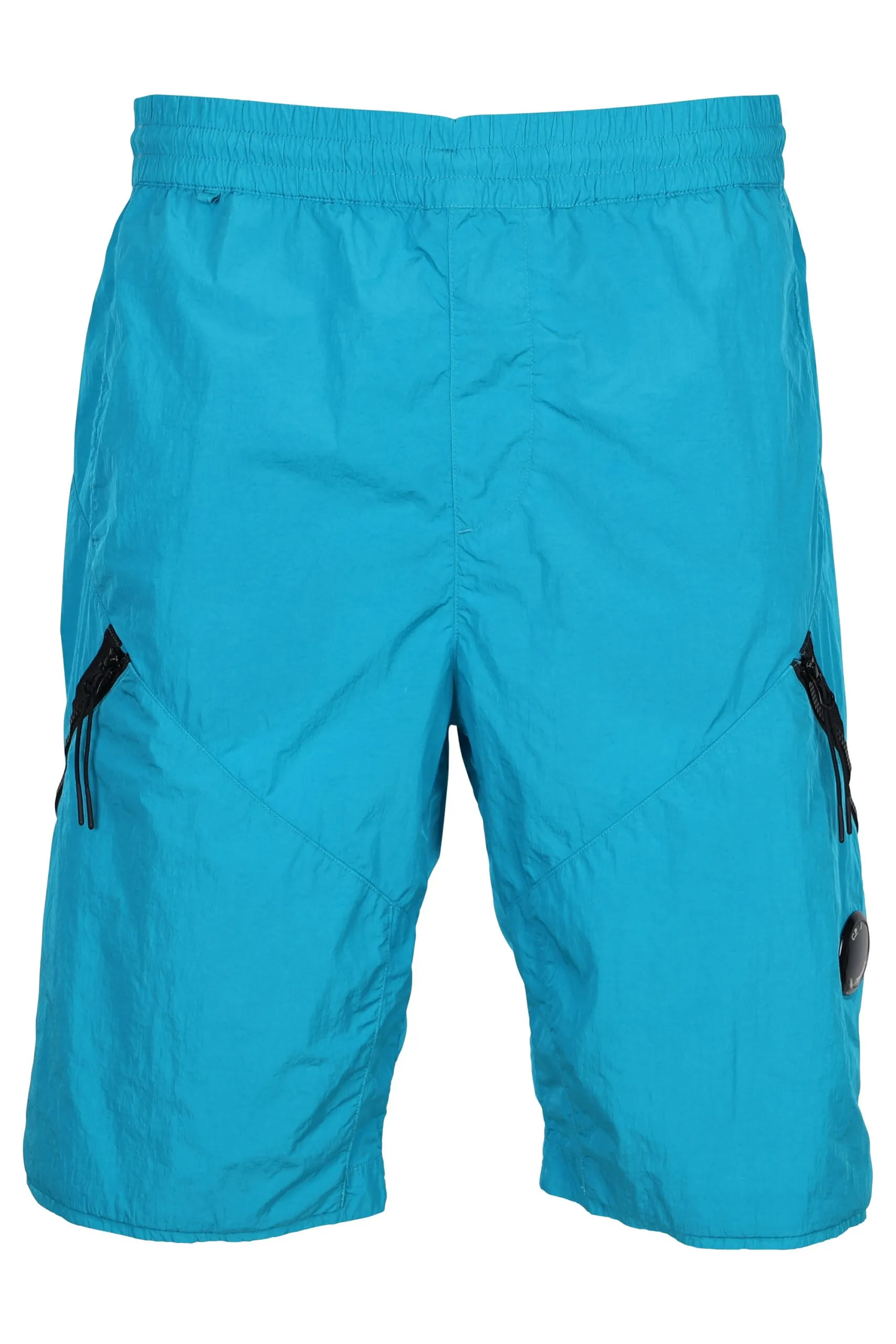 Pantalón corto azul turquesa con cremallera diagonal y logo lente