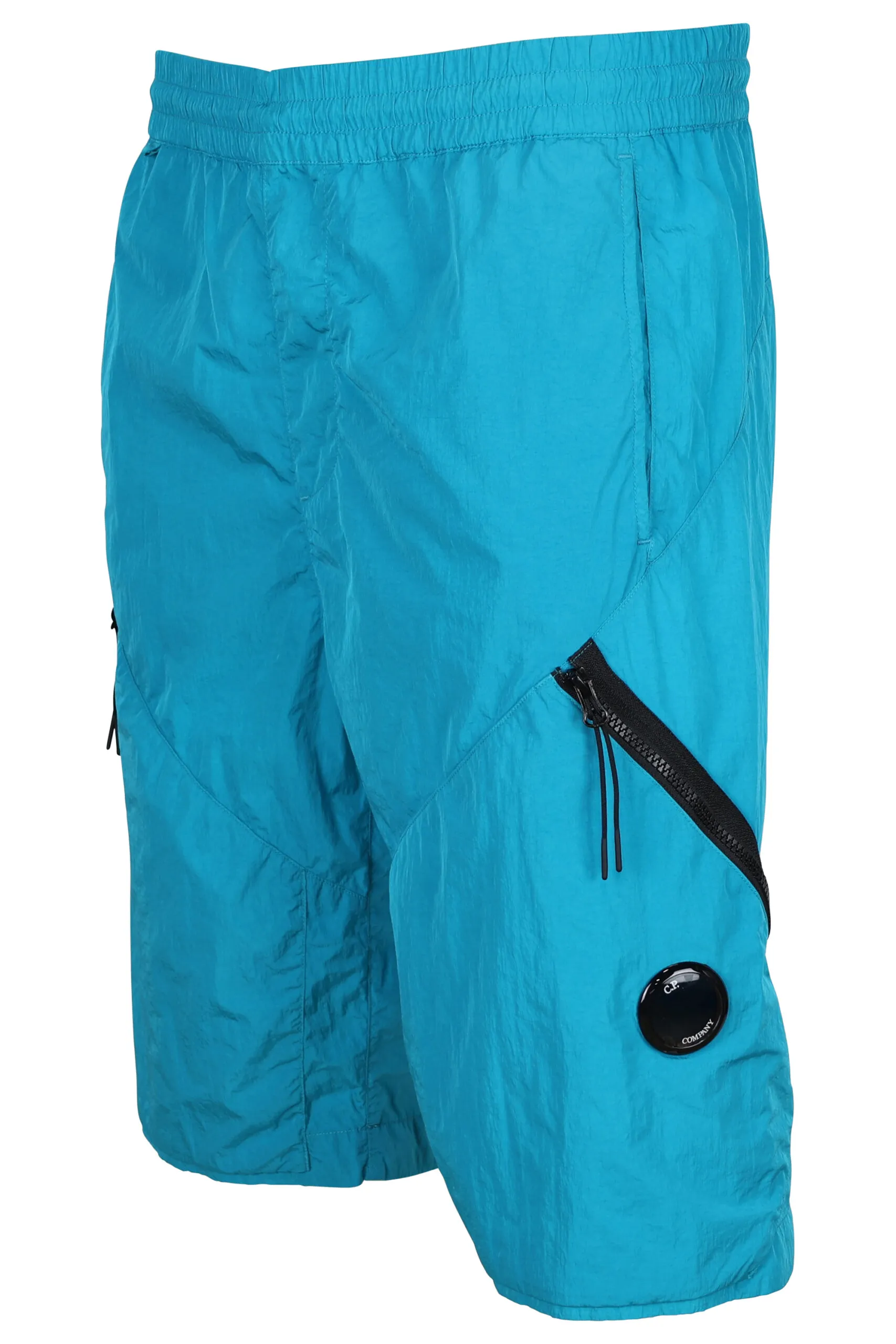 Pantalón corto azul turquesa con cremallera diagonal y logo lente