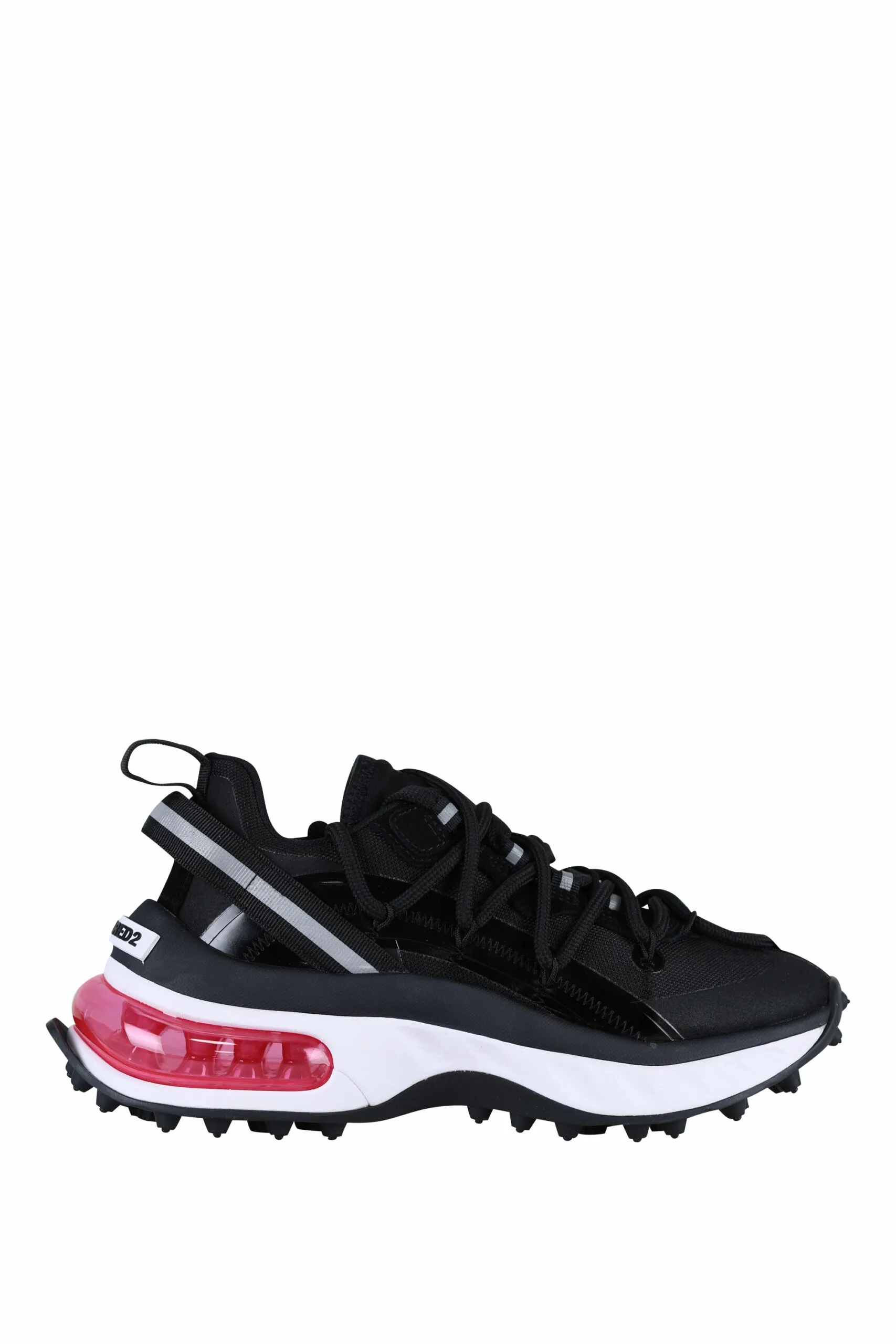 Zapatillas negras con suela blanca y cámara de aire fucsia