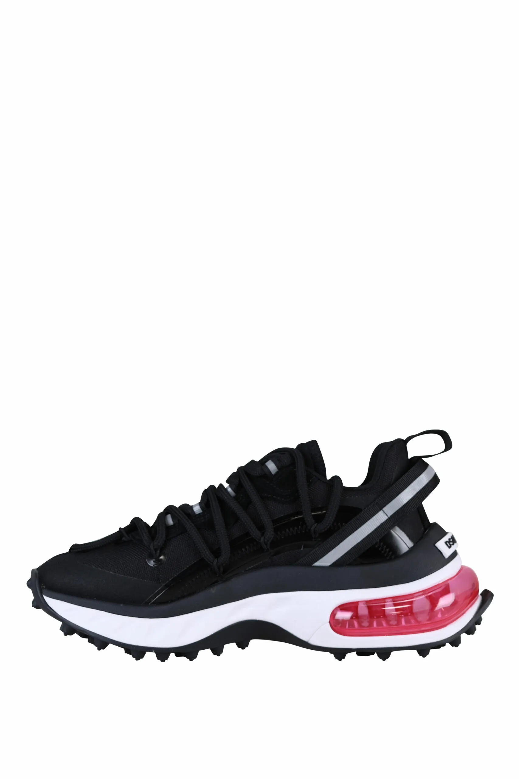 Zapatillas negras con suela blanca y cámara de aire fucsia